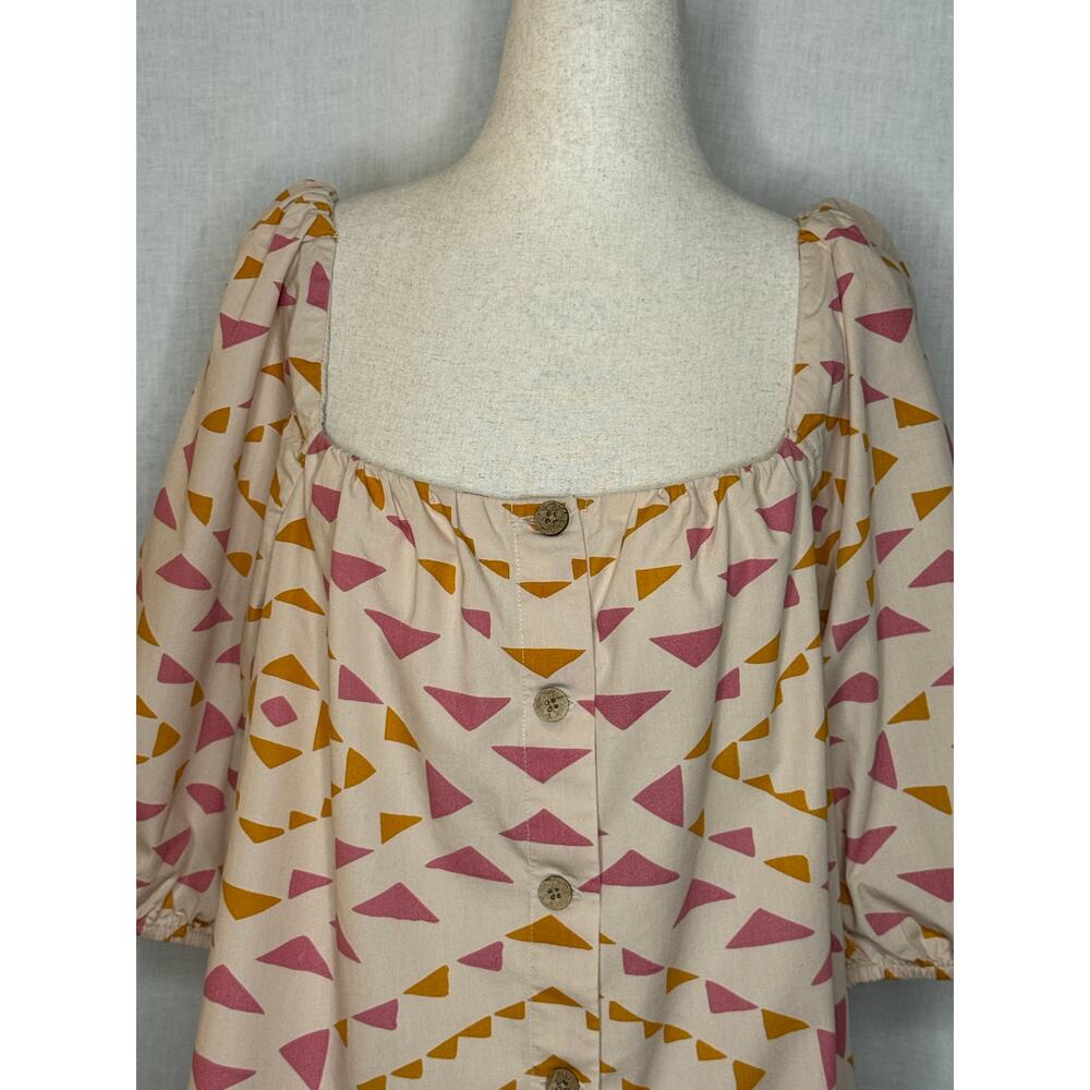Faherty Pink and Mustard Geometric Button-Front Blouse